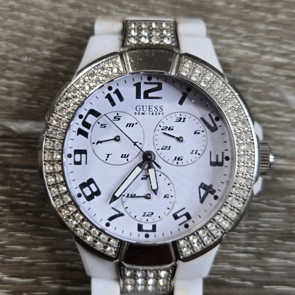 GUESS Women's Watch 40mm White Dial White Resin Crystal Accent Needs Service